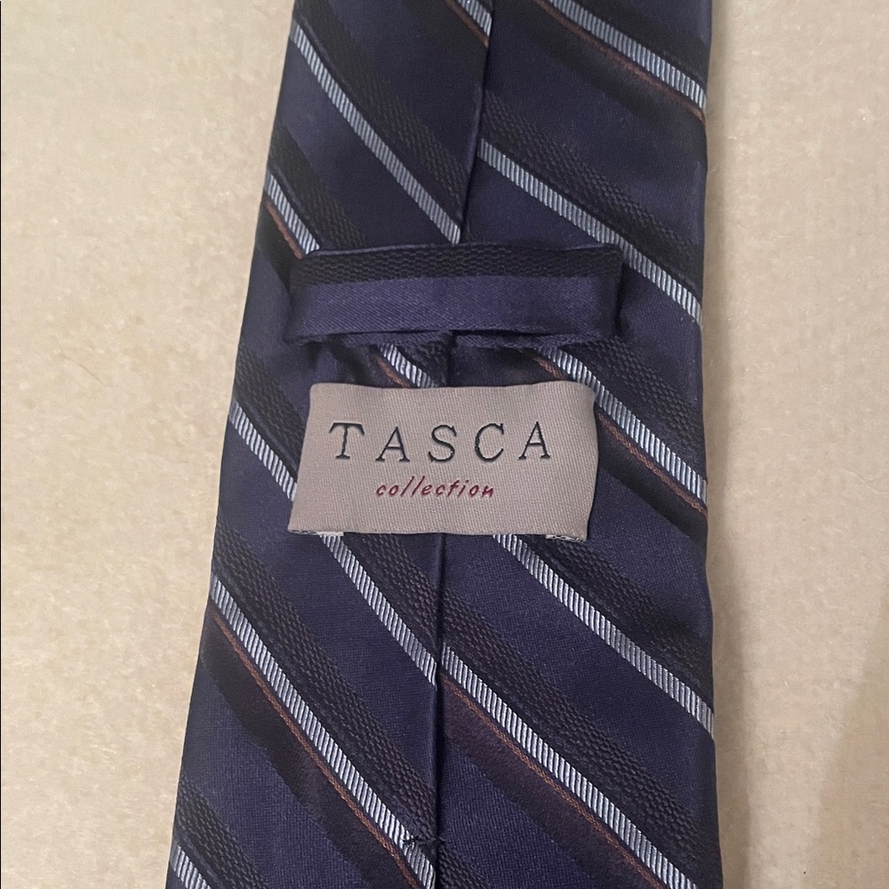 Tasca Dark Blue and Gray Italian Striped Silk Tie